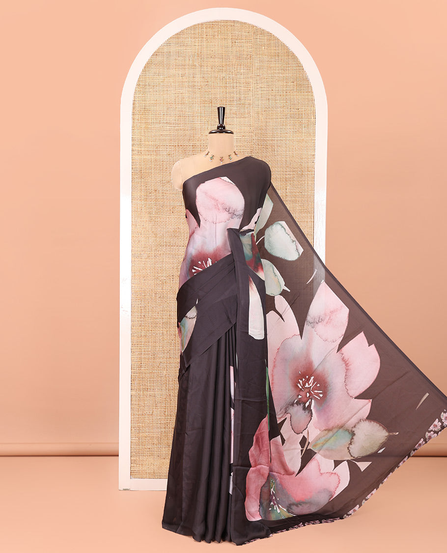 Borderless Black Satin Crepe Saree, Entralled with Abstract Floral Print On Its Body, Complemented by Floral Printed Pallu and Paired with a Printed Blouse