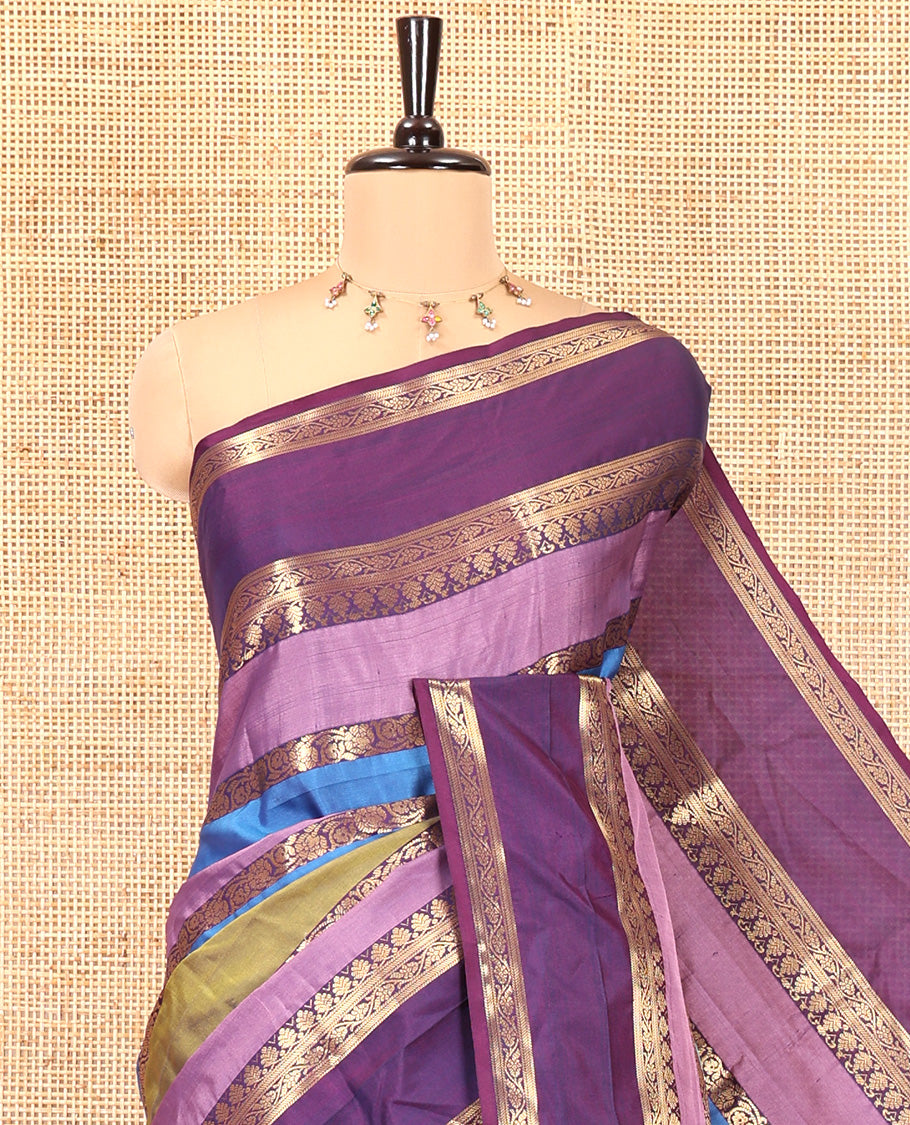 Multi Color Semi-Soft Silk Saree, Richly Detailed with Multi-color Stripes and Traditional Zari Designs On Its Body, Complemented by Contrast Rettai Pettu Traditional Zari Designs Woven Border, Grand Pallu and Paired with a Contrast Blouse