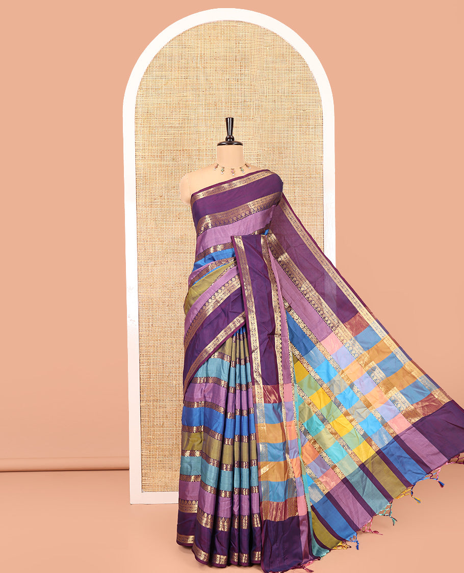 Multi Color Semi-Soft Silk Saree, Richly Detailed with Multi-color Stripes and Traditional Zari Designs On Its Body, Complemented by Contrast Rettai Pettu Traditional Zari Designs Woven Border, Grand Pallu and Paired with a Contrast Blouse