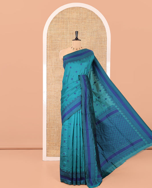 Rama Kanchi Silk Saree, Adorned with Floral Thread Buttas All Over Its Body, Complemented by a Contrast Border of Temple Traditional Motifs, Jaal Pallu, and Paired with a Matching Blouse