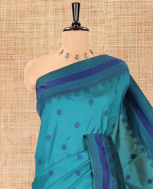 Rama Kanchi Silk Saree, Adorned with Floral Thread Buttas All Over Its Body, Complemented by a Contrast Border of Temple Traditional Motifs, Jaal Pallu, and Paired with a Matching Blouse