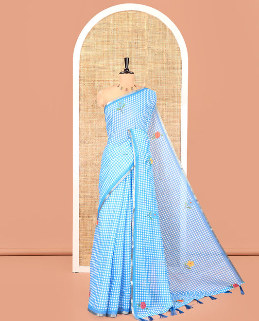 Blue Linen Cotton Saree, Decorated with Micro-Checks and Floral Motifs on Its Body, Subtle Piping Border, a Self-Pallu, and Paired with a Rose Floral Printed Blouse
