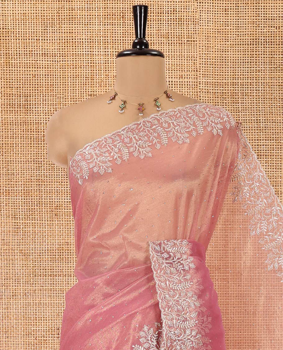 Dusky Pink Twill Net Saree, Elevated with Stone Work, Highlighted by a Scallop Embroidered Border, and Paired with a Matching Blouse