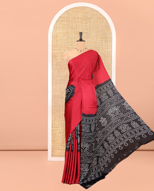 Borderless Maroon and Black Satin Crepe Saree, Elevated with Plain and Bandhani-Circle Print on Its Body, Intricately Bandhani Printed Pallu, and Paired with a Contrast Blouse