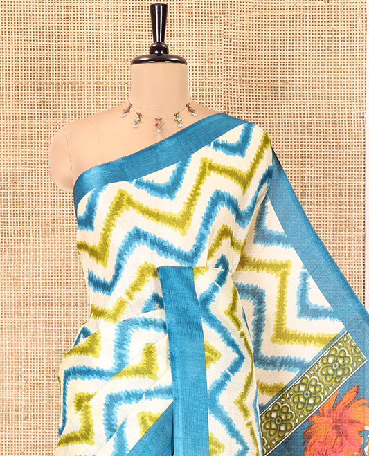 Chikku Zig-Zag Striped Khadi Cotton Saree, a Contrast Border, Nature-Themed Pallu, and a Contrast Blouse