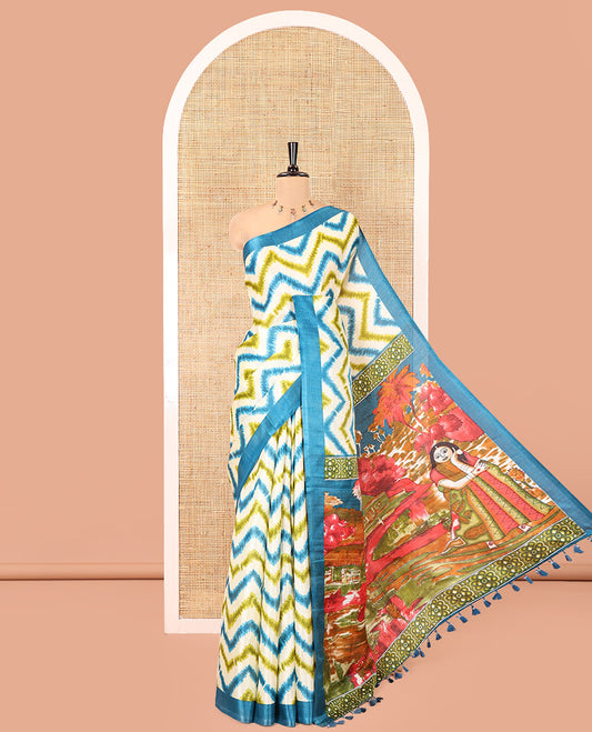 Chikku Zig-Zag Striped Khadi Cotton Saree, a Contrast Border, Nature-Themed Pallu, and a Contrast Blouse