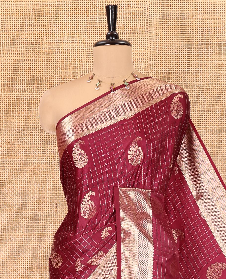 Purple Satin Silk Saree, Enriched with Paisleys and Zari Checked Design on Its Body, Highlighted by Zari Traditional Design Border, Floral Jaal Pallu, and Paired with a Matching Blouse
