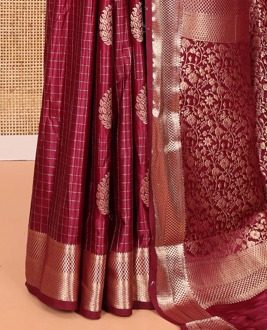 Purple Satin Silk Saree, Enriched with Paisleys and Zari Checked Design on Its Body, Highlighted by Zari Traditional Design Border, Floral Jaal Pallu, and Paired with a Matching Blouse