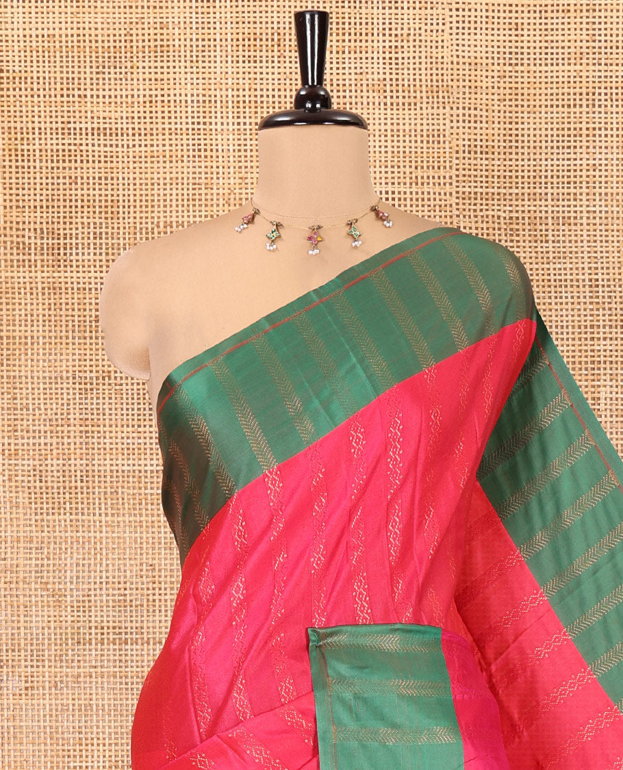 Rani Pink Kanchi Soft Silk Saree, Enriched with Chevron Stripes on Its Body, Complemented by a Contrast Chevron Striped Border, Striped Pallu, and Paired with a Contrast Blouse