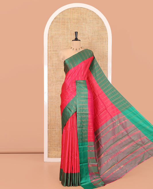 Rani Pink Kanchi Soft Silk Saree, Enriched with Chevron Stripes on Its Body, Complemented by a Contrast Chevron Striped Border, Striped Pallu, and Paired with a Contrast Blouse