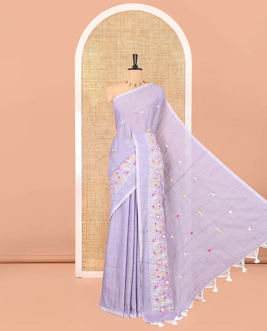 Borderless Lavender Khadi Cotton Saree, Delicately Woven with Flower Motifs Embroidery All Over Its Body, a Self-Pallu, and Paired with a Matching Blouse