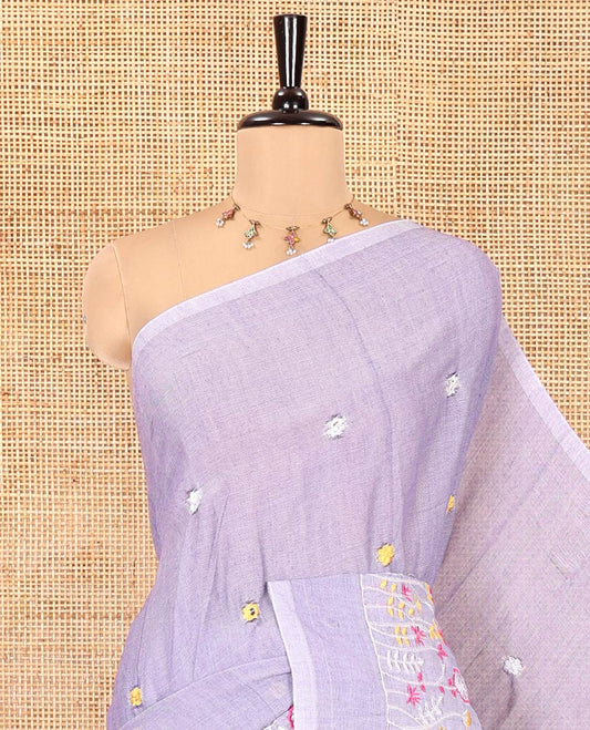 Borderless Lavender Khadi Cotton Saree, Delicately Woven with Flower Motifs Embroidery All Over Its Body, a Self-Pallu, and Paired with a Matching Blouse