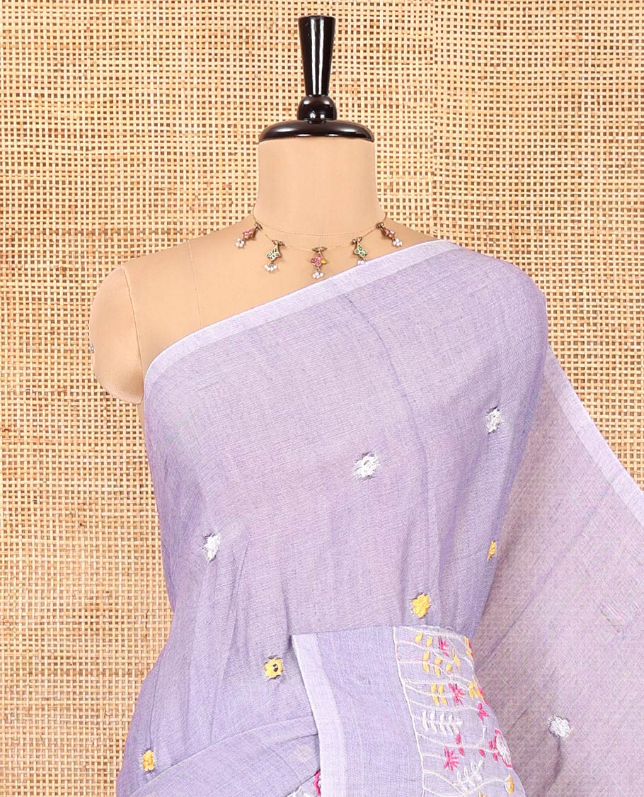 Borderless Lavender Khadi Cotton Saree, Delicately Woven with Flower Motifs Embroidery All Over Its Body, a Self-Pallu, and Paired with a Matching Blouse