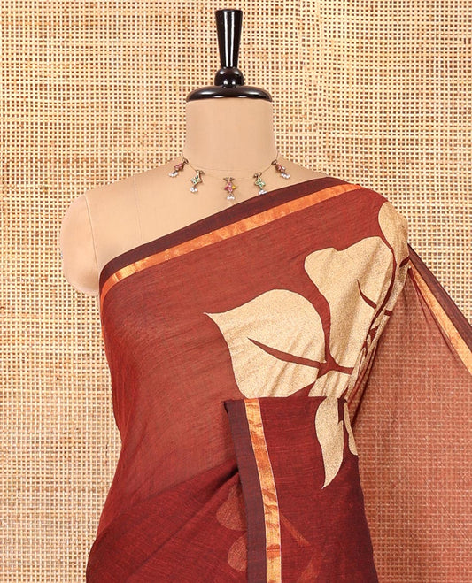 Borderless Maroon Khadi Mul Cotton Saree, Elevated with Big Floral Motifs on Its Body, a Self-Pallu, and Paired with a Matching Blouse