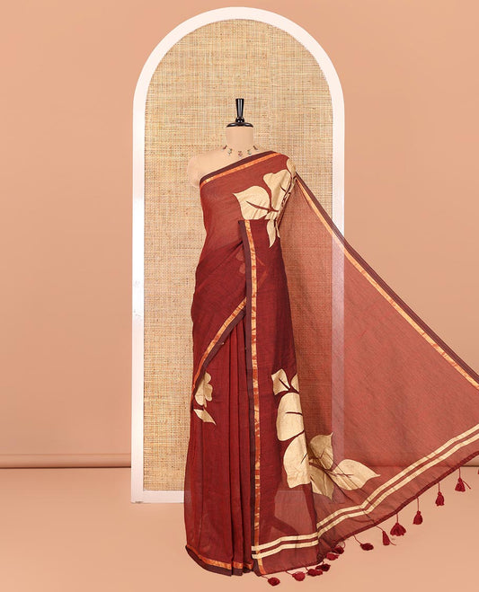 Borderless Maroon Khadi Mul Cotton Saree, Elevated with Big Floral Motifs on Its Body, a Self-Pallu, and Paired with a Matching Blouse