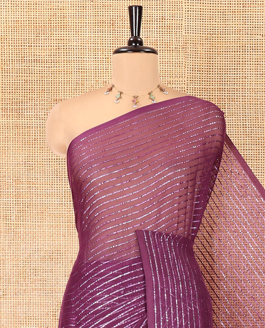 Borderless Purple Chiffon Saree, Gleamed Up with Horizontal Stripes on Its Body, a Self-Pallu, and Has No Blouse