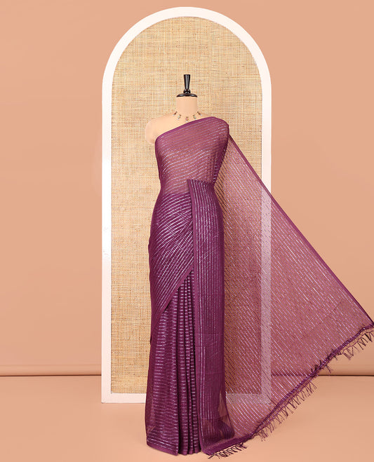 Borderless Purple Chiffon Saree, Gleamed Up with Horizontal Stripes on Its Body, a Self-Pallu, and Has No Blouse