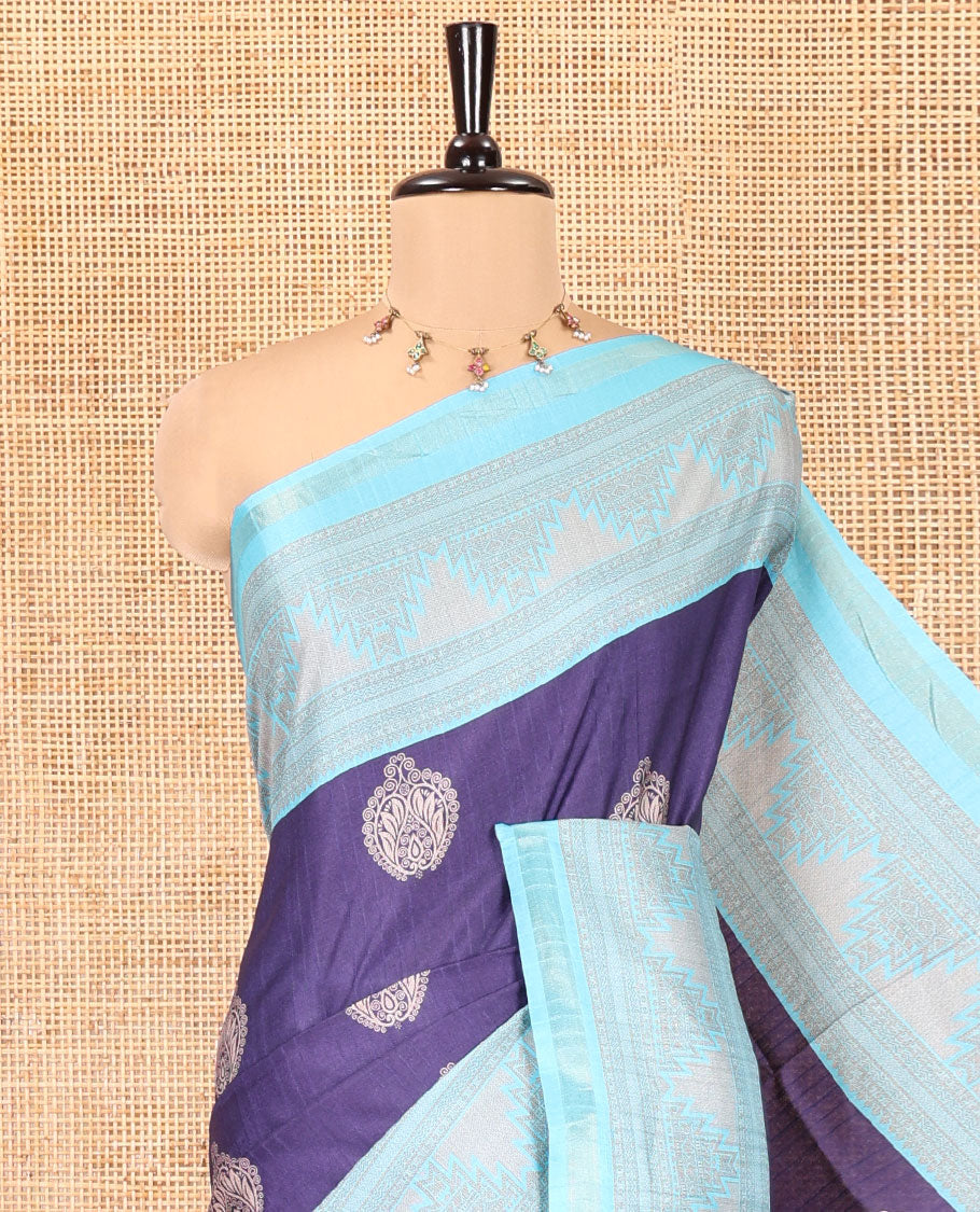 Navy Blue Katan Silk Saree, Adorned with Buttas, Complemented by Contrast Traditional Design Border, Geometric-Patterned Pallu, and a Contrast Blouse