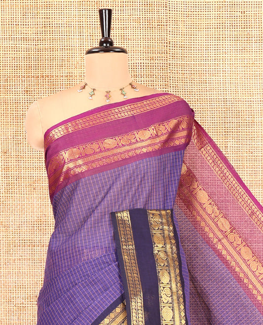Violet Checked Chettinad Cotton Saree, Contrast Ganga-Jamuna Rettai Pettu Traditional Border, and Matching Blouse