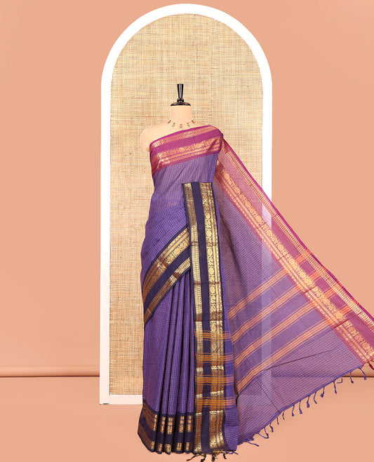 Violet Checked Chettinad Cotton Saree, Contrast Ganga-Jamuna Rettai Pettu Traditional Border, and Matching Blouse