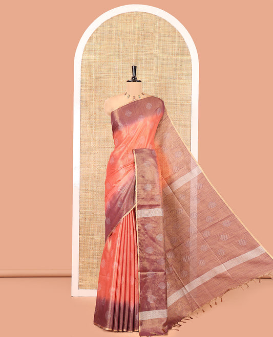 Rust Orange Bhagalpur Cotton Saree, Adorned with Buttas, Complemented by a Contrast Border, Pallu, and a Contrast Blouse