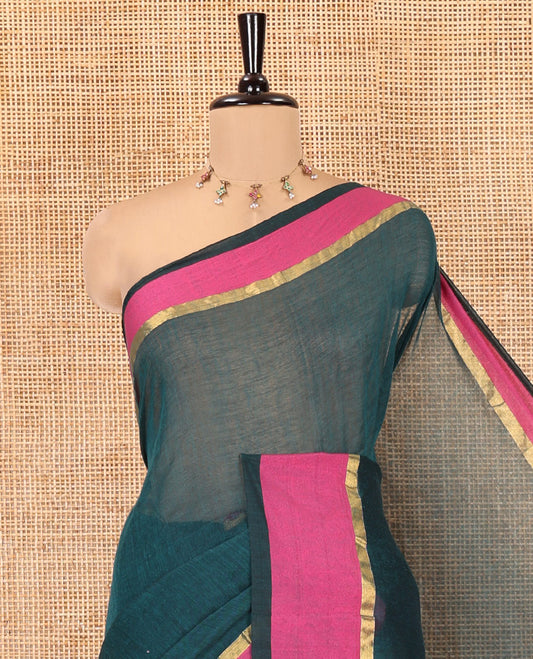 Rama Plain Khadi Mul Cotton Saree, a Contrast Satin Plain Border, a Self-Pallu, and a Matching Blouse