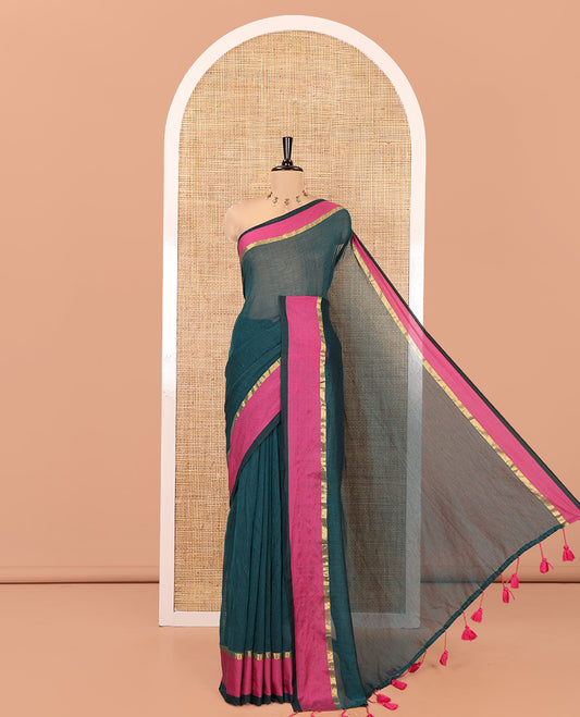 Rama Plain Khadi Mul Cotton Saree, a Contrast Satin Plain Border, a Self-Pallu, and a Matching Blouse