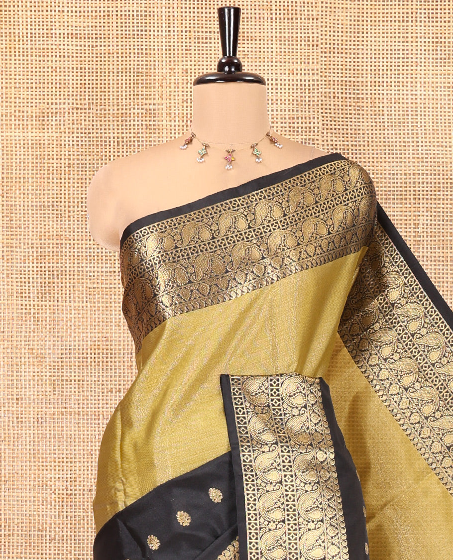 Mustard-Black Banarasi Tissue Saree,  Adorned with Half-and-Half-style Plain and Buttas, Contrast Peacock Border, and a Matching Blouse