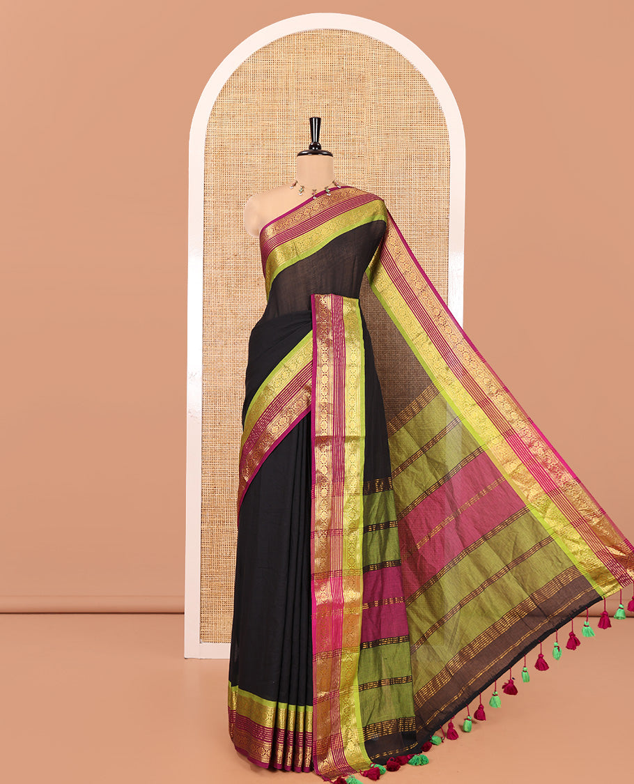 Black Plain Khadi Mul Cotton Saree, Complemented by a Contrast Traditional Zari Border,  Striped Pallu, and a Matching Blouse