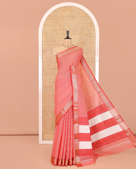Reddish-Brown Mercerised Cotton Saree, Adorned with Stripes, Contrast Traditional Zari Border, Striped Pallu, and Matching Blouse