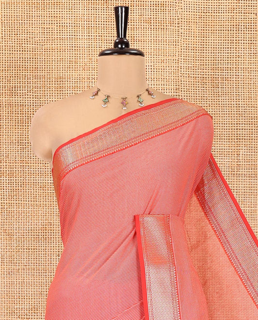 Reddish-Brown Mercerised Cotton Saree, Adorned with Stripes, Contrast Traditional Zari Border, Striped Pallu, and Matching Blouse
