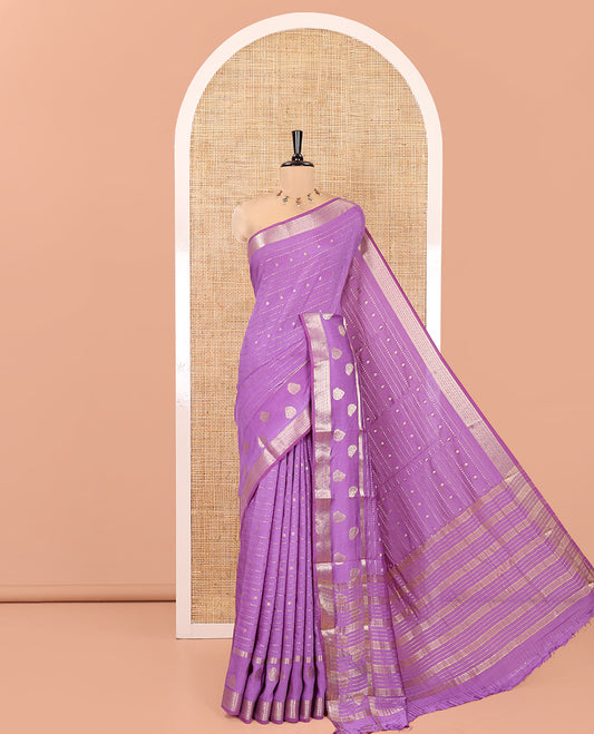 Lavender Assam Silk Saree, Enriched with Zari Designs, a Traditional Zari Border, Striped Pallu, and a Matching Blouse