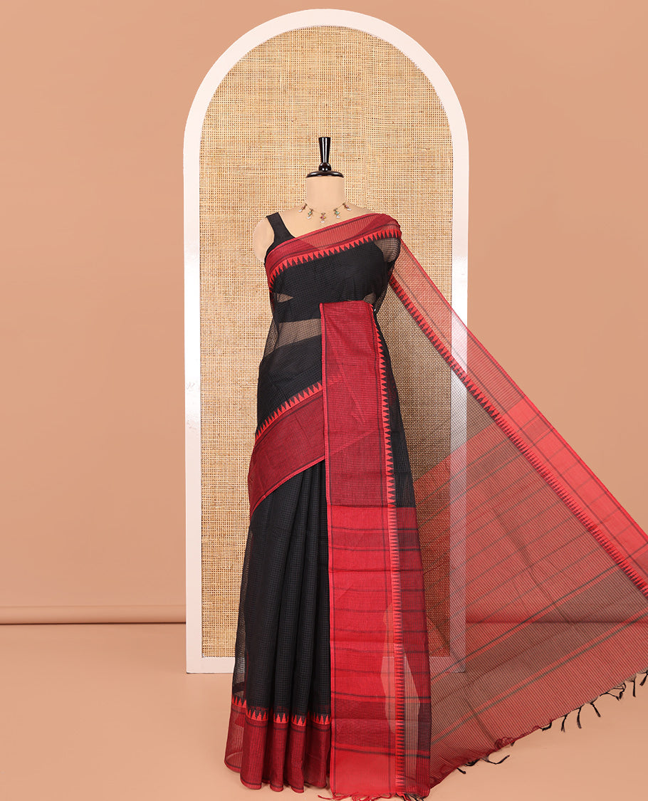 Black Kota Chex Saree with Sparse Checks, Complemented by a Contrast Temple Border, Striped Pallu, and a Contrast Blouse