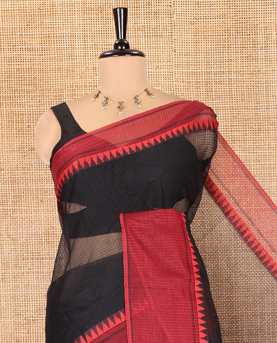 Black Kota Chex Saree with Sparse Checks, Complemented by a Contrast Temple Border, Striped Pallu, and a Contrast Blouse
