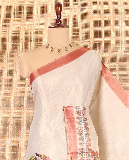 Gold Tissue Saree, Artfully Designed with Colorful Kathakali Print, a Contrast Printed Border and a Contrast Blouse