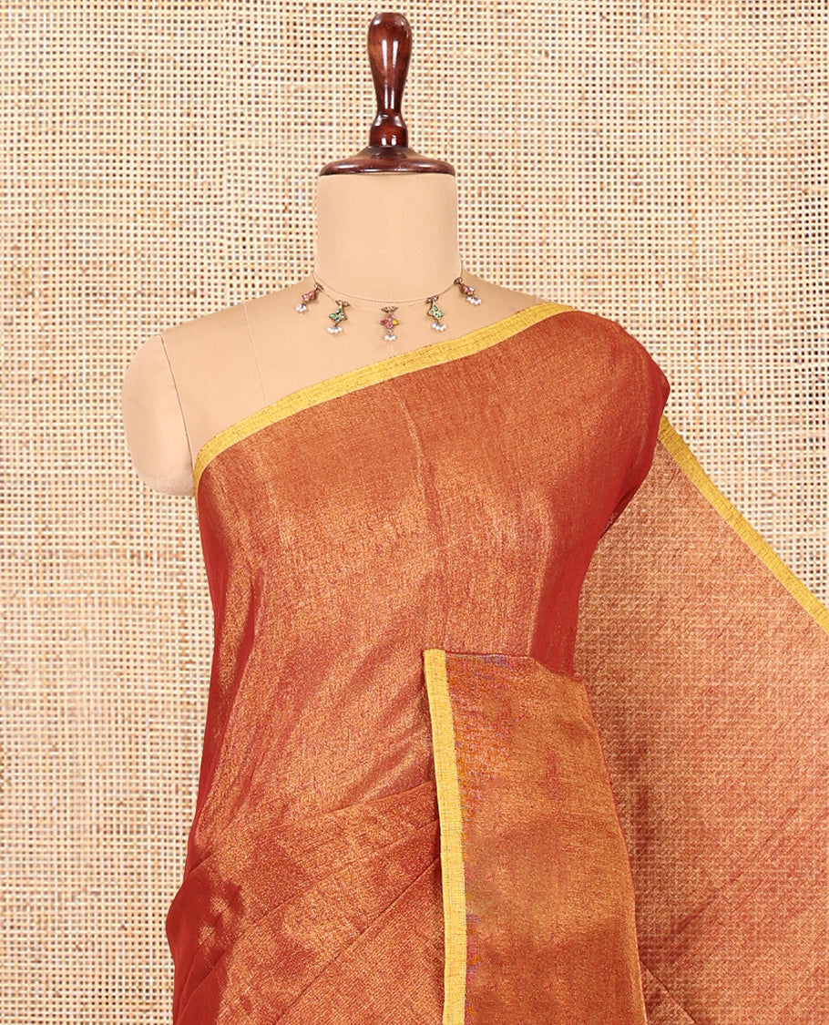 Borderless Maroon Plain Khadi Tissue Saree, a Self-Striped Pallu, and a Matching Blouse