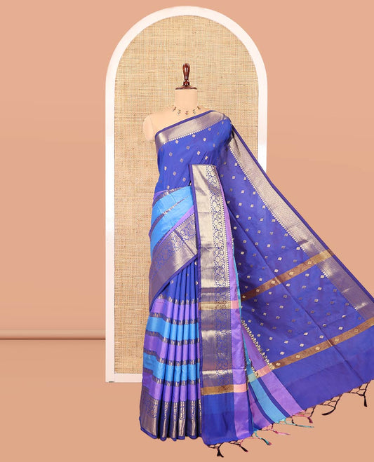 Blue Semi-Katan Silk Saree, Adorned with Zari Designs, Contrast Floral Creeper Border, Self-Pallu, and Matching Blouse