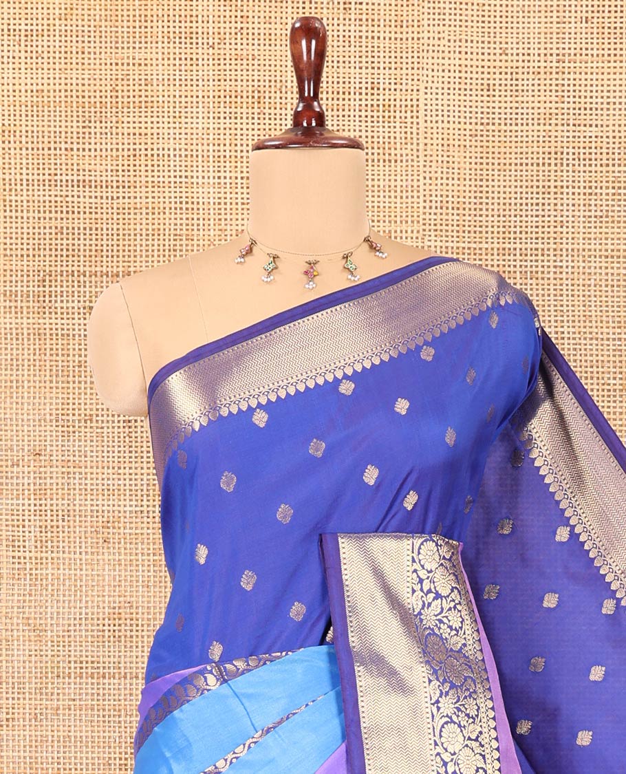 Blue Semi-Katan Silk Saree, Adorned with Zari Designs, Contrast Floral Creeper Border, Self-Pallu, and Matching Blouse