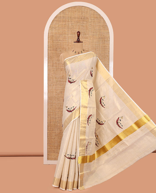 Gold Kerala Tissue Saree, Artfully Detailed with Vallam Kali Motifs, Gold Zari Border, a Self-Pallu, a Matching Blouse