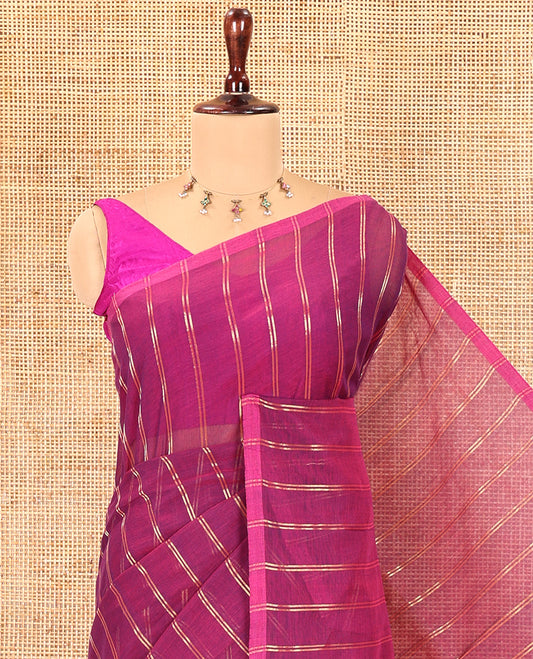 Borderless Violet Khadi Mul Cotton Saree, Adorned with Vertical Zari Stripes, a Self-Pallu, and No Blouse