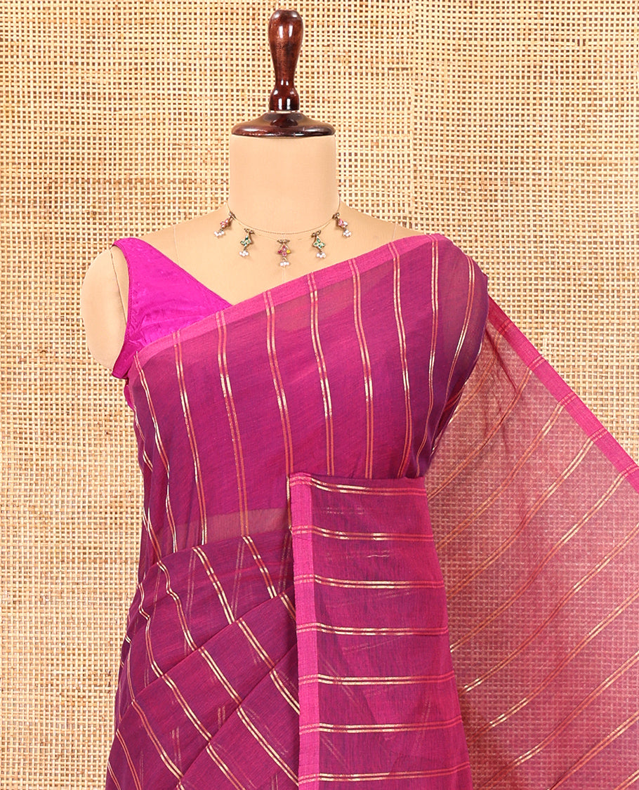 Borderless Violet Khadi Mul Cotton Saree, Adorned with Vertical Zari Stripes, a Self-Pallu, and No Blouse