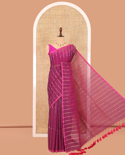 Borderless Violet Khadi Mul Cotton Saree, Adorned with Vertical Zari Stripes, a Self-Pallu, and No Blouse