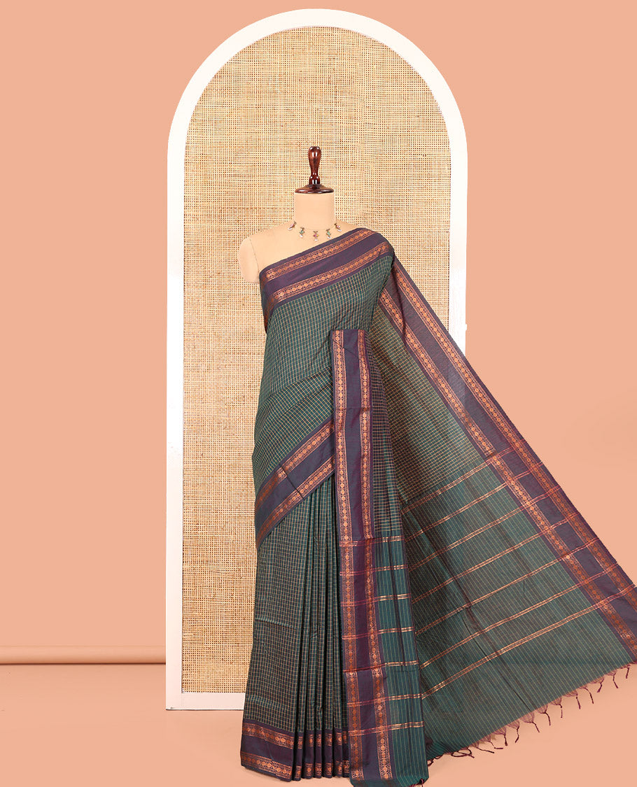 Green Checked Kalyani Cotton Saree, Contrast Rettai Pettu Rudraksham Border and a Matching Blouse