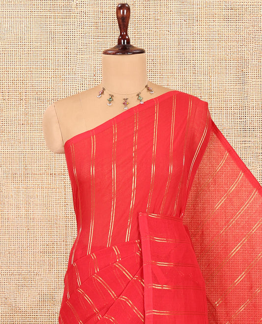 Borderless Red Khadi Mul Cotton Saree, Adorned with Vertical Zari Stripes, a Self-Pallu, and No Blouse