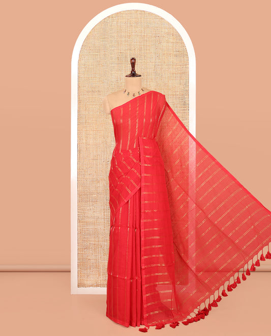 Borderless Red Khadi Mul Cotton Saree, Adorned with Vertical Zari Stripes, a Self-Pallu, and No Blouse