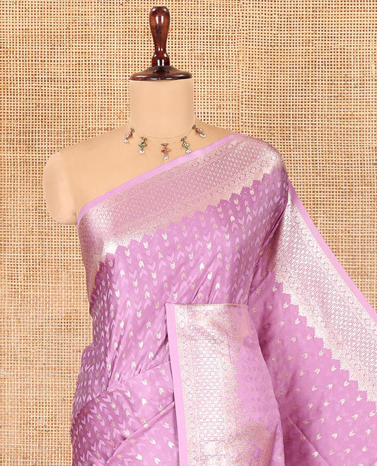 Lavender Satin Silk Saree, Steeped in Richness of Buttas and Embossed Texture, Traditional Peacock Zari Border, Peacock Pallu, and a Matching Blouse