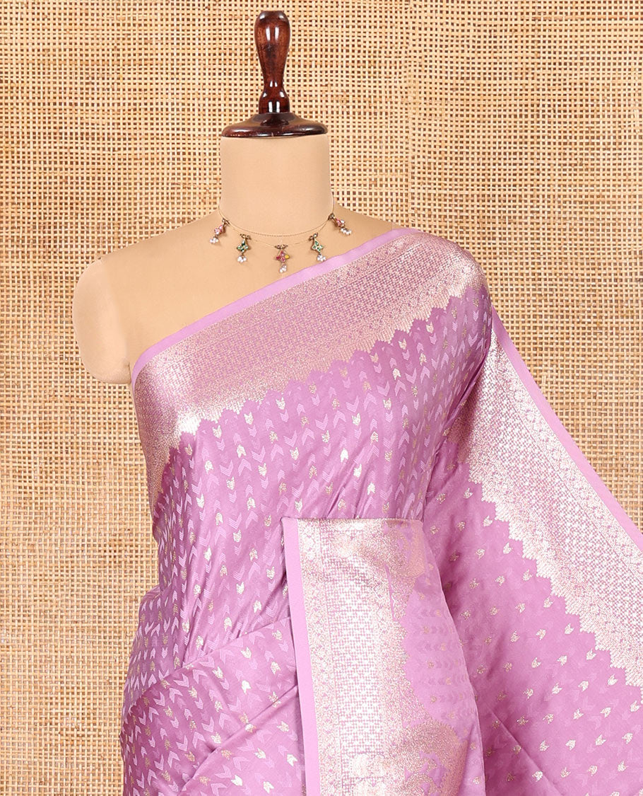 Lavender Satin Silk Saree, Steeped in Richness of Buttas and Embossed Texture, Traditional Peacock Zari Border, Peacock Pallu, and a Matching Blouse