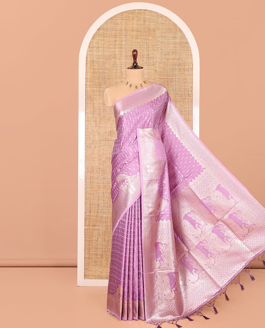 Lavender Satin Silk Saree, Steeped in Richness of Buttas and Embossed Texture, Traditional Peacock Zari Border, Peacock Pallu, and a Matching Blouse