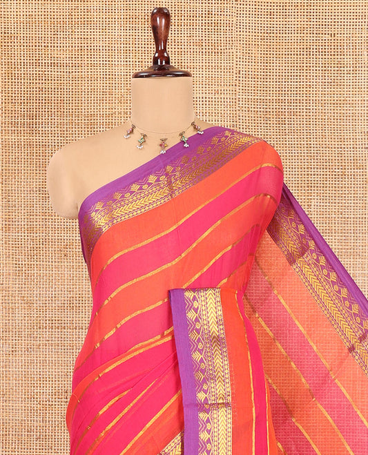Orange-Pink Khadi Mul Cotton Saree, Steeped with Stripes, a Contrast Traditional Zari Border, and No Blouse