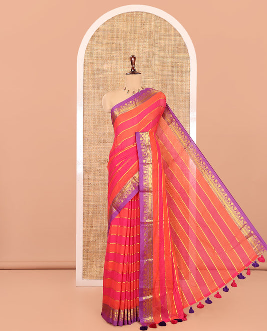 Orange-Pink Khadi Mul Cotton Saree, Steeped with Stripes, a Contrast Traditional Zari Border, and No Blouse